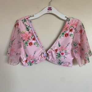 Beachsissi Pink Cute floral Flutter Fairy Mesh Sleeve Swimsuit top